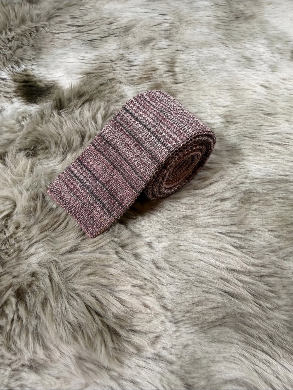 Oleg Cassini Slim Knit 100% Cotton Tie in Dusty Rose and Gray Stripes